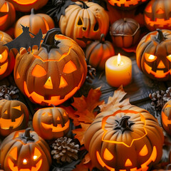 Festive Halloween Pumpkins with Autumn Leaves