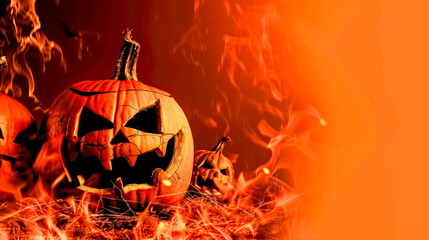 Naklejka premium Festive Halloween Pumpkins with Autumn Leaves