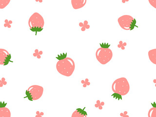 Seamless pattern of pink strawberry with green leaves on white background vector. Cute fruit print.