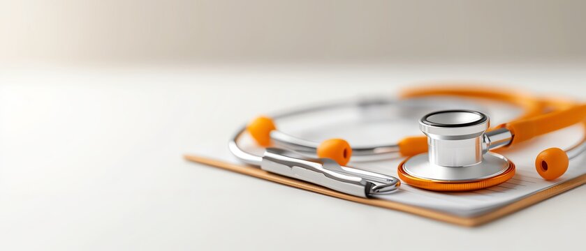 Close-up of a stethoscope on a clipboard, symbolizing medical practice, health care professional tools, and patient care in clinics and hospitals.