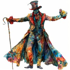 Fototapeta premium A circus ringmaster outfit with hat and whip, showman disguise, watercolor art, isolated on white background