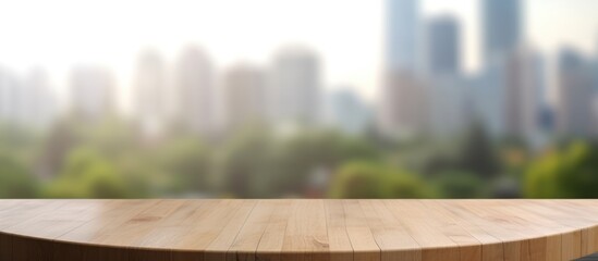 Wooden Tabletop with Blurred City and Park Background