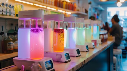 An innovative kombucha stand with interactive digital flavor selectors and bioluminescent brews, delivering probiotic goodness style