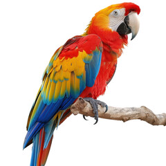 Fototapeta premium Vibrant macaw perched on a branch, showcasing striking colors of red, yellow, and blue feathers in a tropical setting.