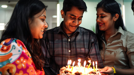 Moment of blowing out birthday candles at a Indian office gathering