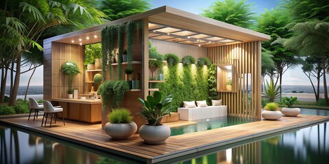 Vibrant 3D exhibition booth with lush greenery, wooden accents, and a serene water feature, perfect for showcasing eco-friendly products in a natural setting.