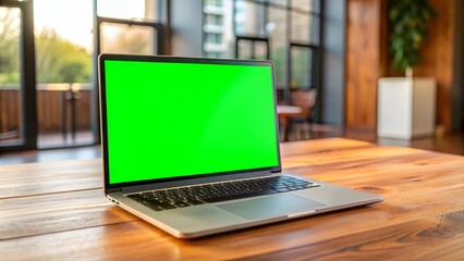 Modern laptop with green screen mock up on a wooden table in horizontal position, empty blank space on chroma key template, ready for business presentation editing.