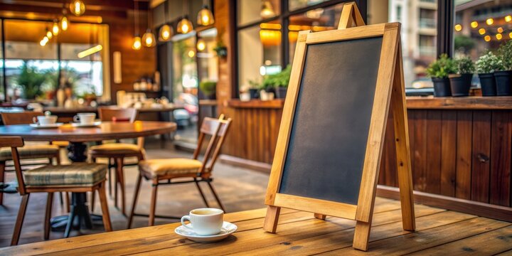 Empty wooden menu board on an easel standing in front of a cozy cafe, waiting for daily specials to be written in chalk on its black surface.