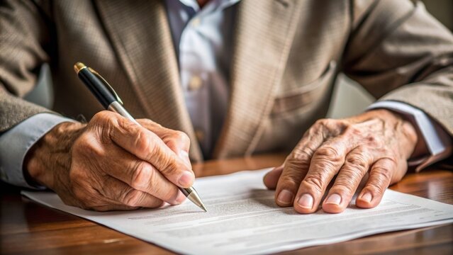 Closeup hand old man elderly examining and signing last will and testament. Last Will and Testament Concept.