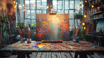 Vibrant art studio with colorful painting and brushes - generative ai