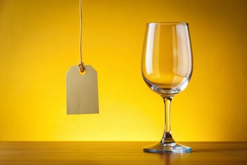 A solitary empty glass with a hanging tag bears a bold message against a bright yellow background, promoting a refreshing alcohol-free New Year's resolution.