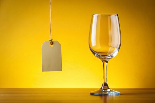 A solitary empty glass with a hanging tag bears a bold message against a bright yellow background, promoting a refreshing alcohol-free New Year's resolution. - Powered by Adobe