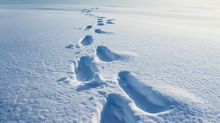 An empty, undisturbed snow field, the uniformity broken only by a single set of footprints