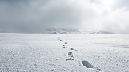 An empty, undisturbed snow field, the uniformity broken only by a single set of footprints