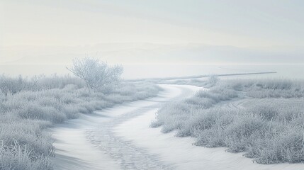 Fototapeta premium A gently curving path leading through a blank, snowy landscape under a pale sky