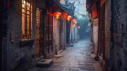 Fototapeta premium A narrow, empty alleyway bathed in the soft, even light of the early morning
