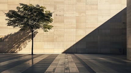 The geometric shadows of a simple, modernist building facade cast on the ground at noon
