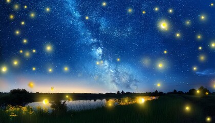 夏の星空と天の川に蛍の光が浮かぶ風景