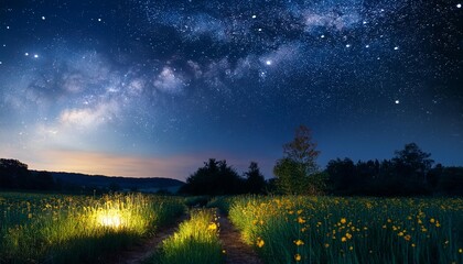 夏の夜空と草原のあぜ道