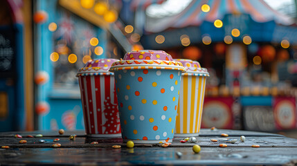  Colorful cups displayed on carnival table.