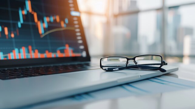 Portfolio on an advisor's desk with arrows to different asset classes like stocks, bonds, real estate, commodities, charts and analysis tools in background