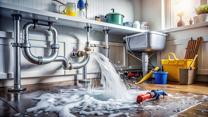 Water overflowing from sink onto floor, surrounded by tools and pipes, with a burst pipe in the background, conveying a sense of urgent repair needed.