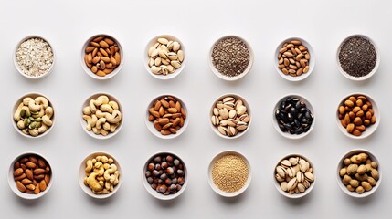 Detailed flat lay of assorted nuts and seeds in small bowls, minimalist style