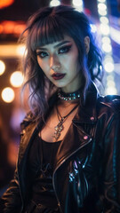 Fototapeta premium a young woman with short hair and striking blue eyes, wearing a black leather jacket and black choker with a silver cross pendant, set against a blurred background of lights