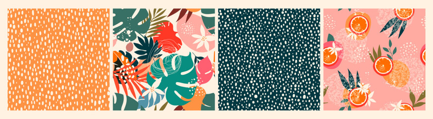 Trendy Collection of Floral Seamless Patterns with Tropical Leaves, Orange Fruits, Dots Texture. Abstract Botanical Design for Prints, Paper, Fabric, Cover, Surface, Interior D&eacute;cor, Textile. Vector 