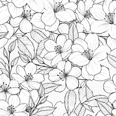 Floral Artistic Hand Drawn Seamless Pattern. Abstract Flowers Print Linear Style. Vector Botanical Seamless Pattern with Abstract Line Art Flowers. Monochrome Creative Print Botanical Design