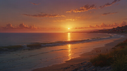 Obraz premium a serene beach scene at sunset with a majestic mountain range in the background