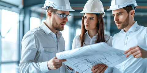 "Architects Discussing Blueprints: Collaborative Design in Construction", "Construction Planning: Engineers Reviewing Architectural Blueprints"

