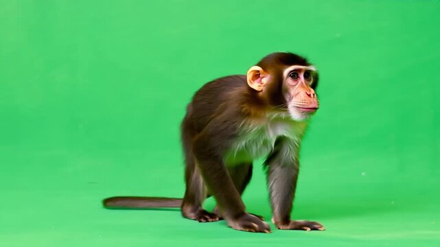 A curious baby monkey walks and stops to ponder on a green screen background