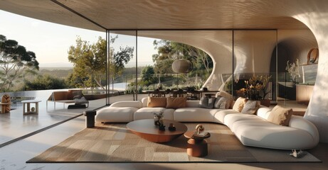 Interior of modern living room with panoramic window