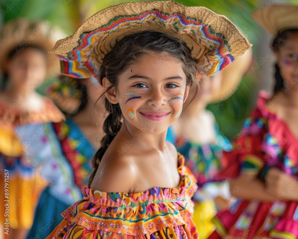 Wall mural Vibrant Hispanic Culture: Children in Traditional Costumes Dancing with Sony A7 IV