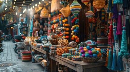 Fototapeta premium Vibrant Hispanic Market Stall: Cultural Commerce at a Traditional Craft Fair | Sony A7 IV