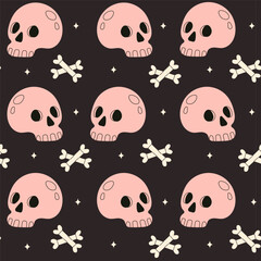 Bright seamless Happy Halloween pattern. Print with skulls with bones on dark background. Design elements in flat style. Vector stock illustration. Design elements in flat style.
