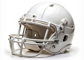 A sleek, high-impact resistant white football helmet, designed for player safety, featuring a sturdy facemask and padding, isolated on a clean white background.