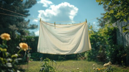 The neat white sheets hang neatly on the clothesline, with a clear blue sky in the background. The freshly washed fabric flutters in the breeze, symbolizing cleanliness, freshness, and home care.