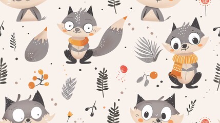 Whimsical Woodland Wonders: A charming pattern of adorable, wide-eyed foxes frolicking amongst autumnal foliage. Perfect for children's designs, adding a touch of woodland whimsy. 