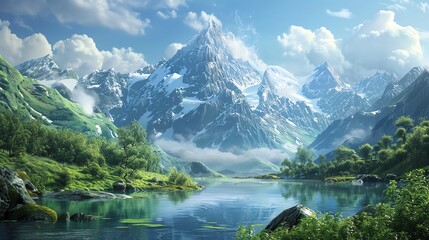 Fototapeta premium A breathtaking mountain landscape with a clear lake, lush greenery, and a snowy peak