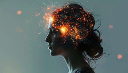A profile of a woman with a glowing brain, symbolizing cognitive and neural technology