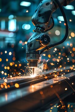 A robotic arm welding with sparks flying, in an industrial setting with blurred background