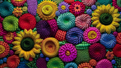Textura creativa de diferentes flores de colores hechas de lana 