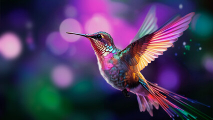 Naklejka premium Colibrí volando con profundidad de campo en tonos morados 