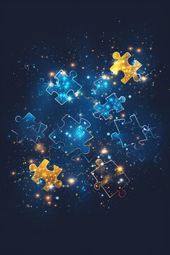Abstract digital illustration of an API integration, with puzzle pieces connecting over a dark blue background