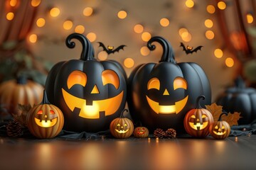 A set of black and orange jack-o'-lanterns with various cute and spooky faces, arranged in a festive indoor setting, glowing warmly.