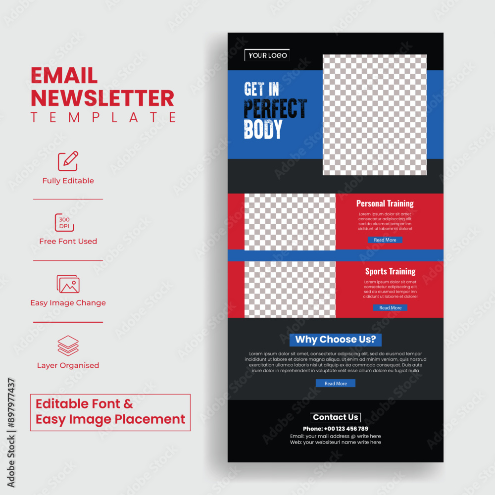 Poster editable gym fitness email newsletter template for online gym exercise website ui interface template
