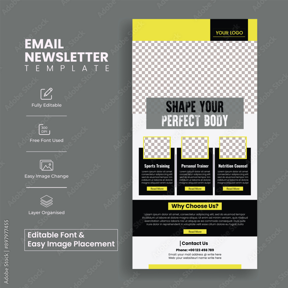 Canvas Prints editable gym fitness email newsletter template for online gym exercise website ui interface template