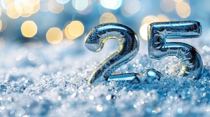 Shiny metallic number "25" standing on a bed of sparkling snow, with blurred bokeh lights in the background. The festive and wintry scene is perfect for holiday or New Year-themed